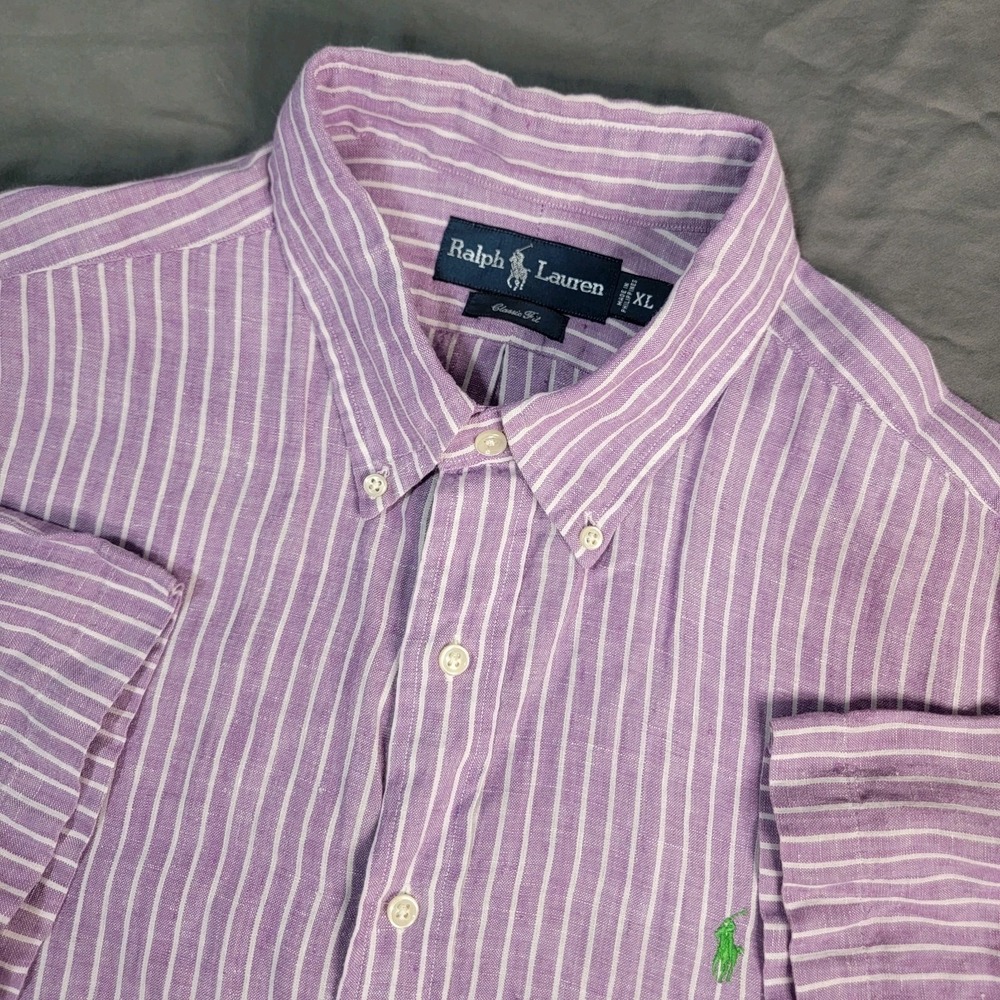 Ralph Lauren Linen Shirt Men's XL Purple Striped Classic Fit Button Down Pony